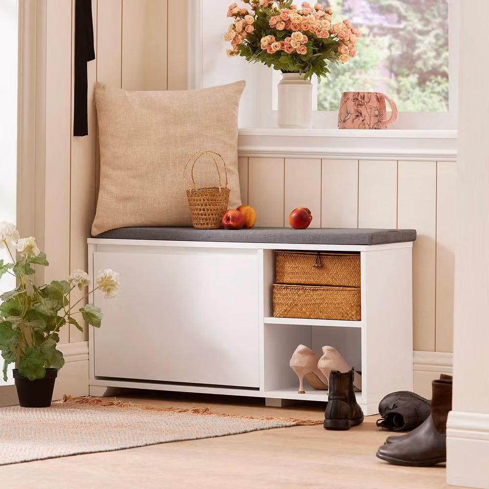 SoBuy Modern Slim Entrance Bench with Cushioned Fabric Seat and Shoe Rack Storage in White and Grey – 5