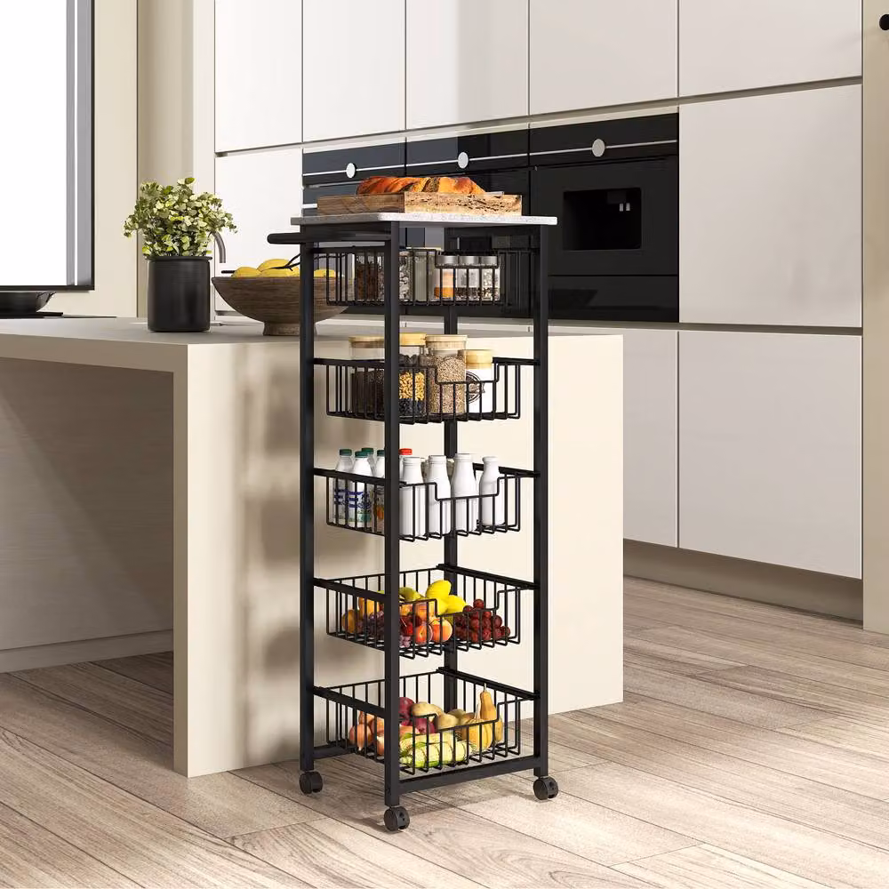 STILVORA Kitchen Trolley with 5 Baskets and Marble-Effect Top in Black, W/D/H: 76.0 x 49.5 x 111.0 cm – 3