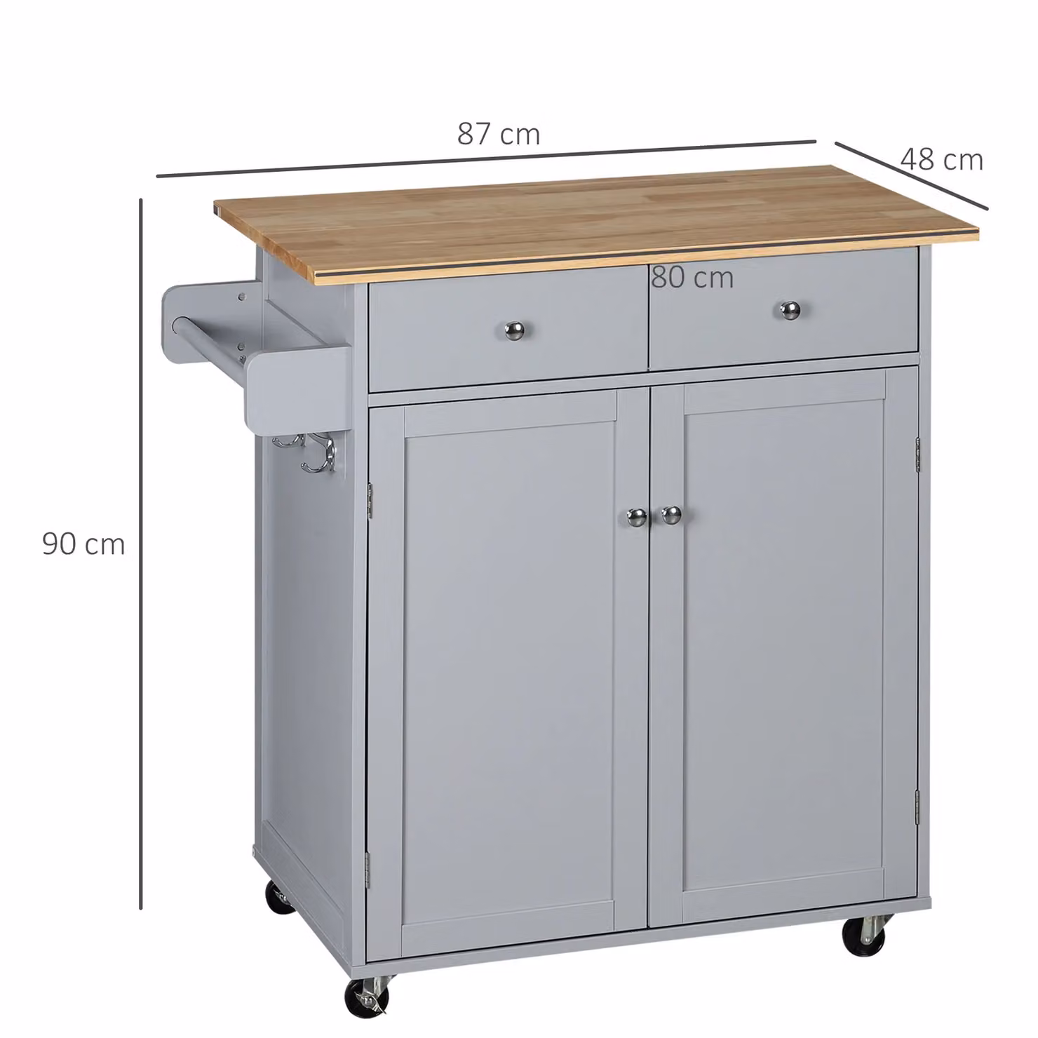 HOMCOM Grey Rolling Kitchen Utility Serving Cart with Rubberwood Top – 2