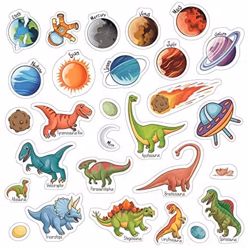 WALPLUS Dinosaurs and Solar System Window Stickers, Removable and Reusable Multicolour Double-Sided Glass Clings for Kids Rooms and Classrooms – 1