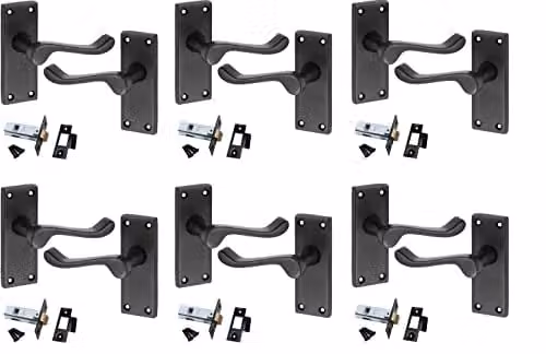Golden Grace Victorian Scroll Latch Door Handles with Plate, Matt Black, 6 Sets – 1