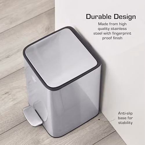 Swan 5L Compact Stainless Steel Pedal Bin in Silver with Soft Close and Removable Inner Bucket, W: 24.0 cm, D: 27.9 cm, H: 19.2 cm – 3