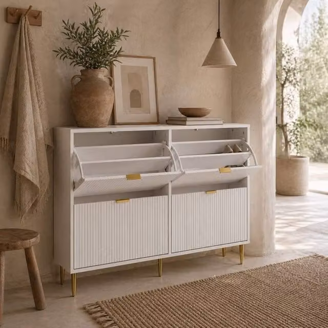 Wyld Haus White Ribbed Slim Shoe Cabinet with Gold Details, H 91.5 x W 33.0 x D 24.0 cm – 1