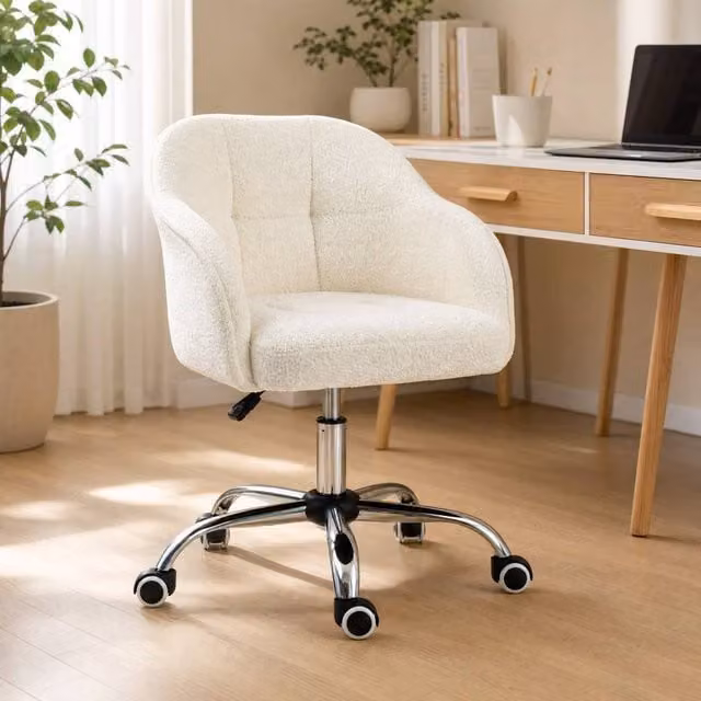 STILVORA Cream Bouclé Teddy Fleece Swivel Office Chair with Armrests and Castors, W/D/H: 61 x 56 x 120 cm