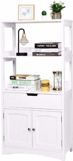 Costway White Wooden Tall Bathroom Floor Cabinet with 2 Open Shelves and Internal Storage