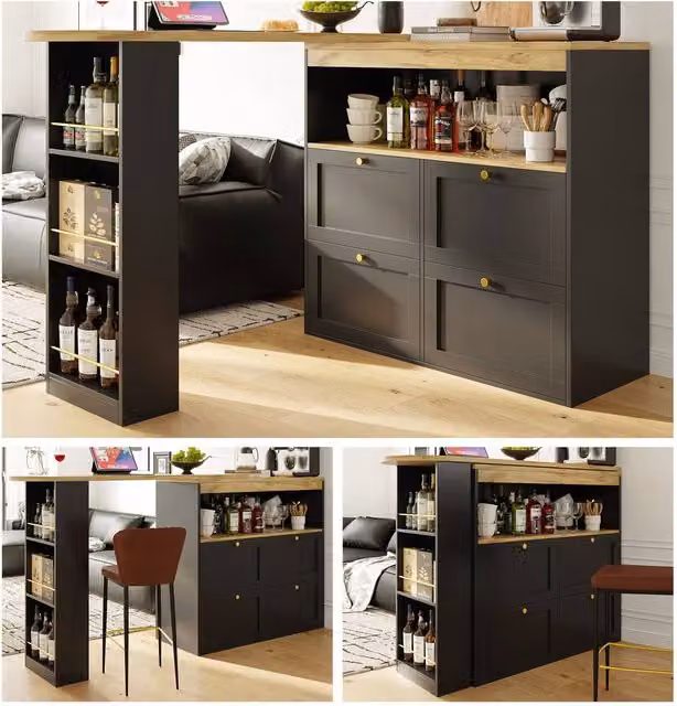 Matteo 360 Swivelling L-Shaped Bar Table and Black MDF Storage Unit with Gold Accents – 1