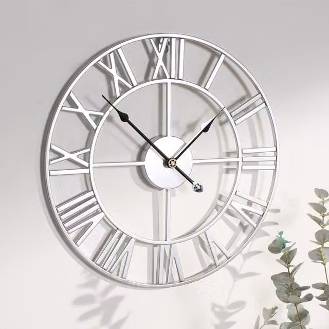 OHS Silver Metal Industrial Round Roman Numerals Skeleton Wall Clock