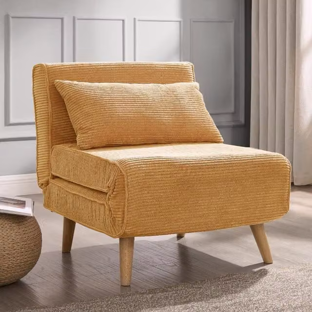 GRS Clover Mid-Century Click-Clack Sofa Bed in Gold Bouclé and Cord Fabric with Wood Details