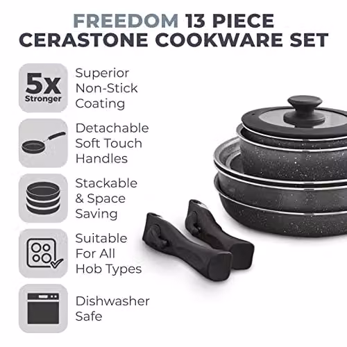 Tower T900140 Freedom 13-Piece Detachable Handle Cookware Set with Ceramic Coating in Grey – 2