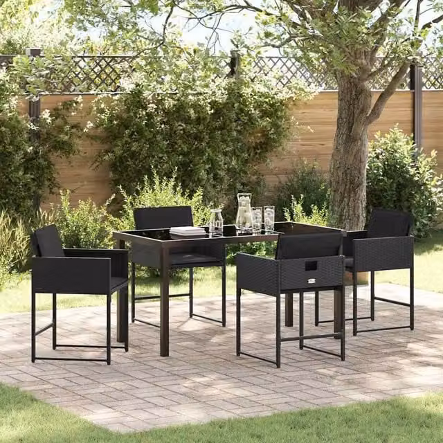 Berkfield Home 5 Piece Black Poly Rattan Garden Dining Set with Glass Top