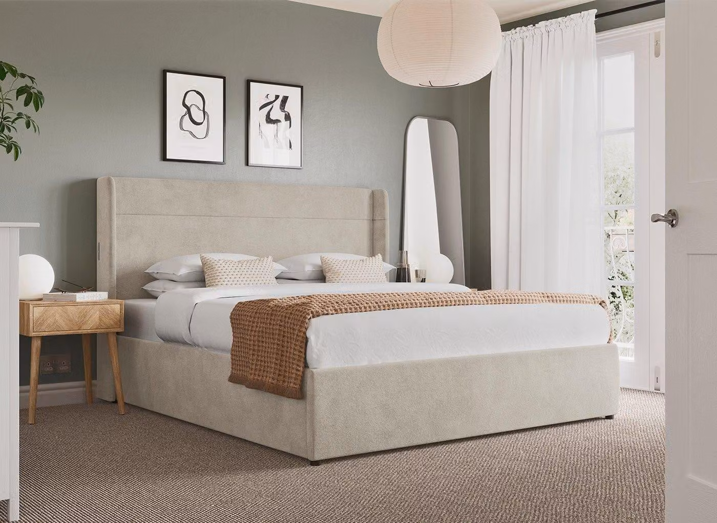 Dreams Sterling Upholstered Electric Ottoman Bed Frame in Beige with USB Charging Port