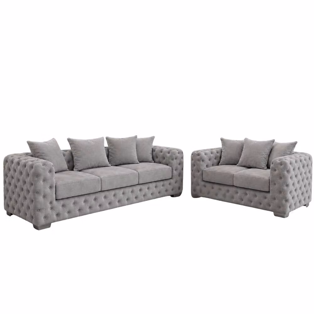 Stratus Interiors Ashley Scatter Back Chesterfield Fabric Sofa 2 and 3 Seater Set in Light Grey – 3