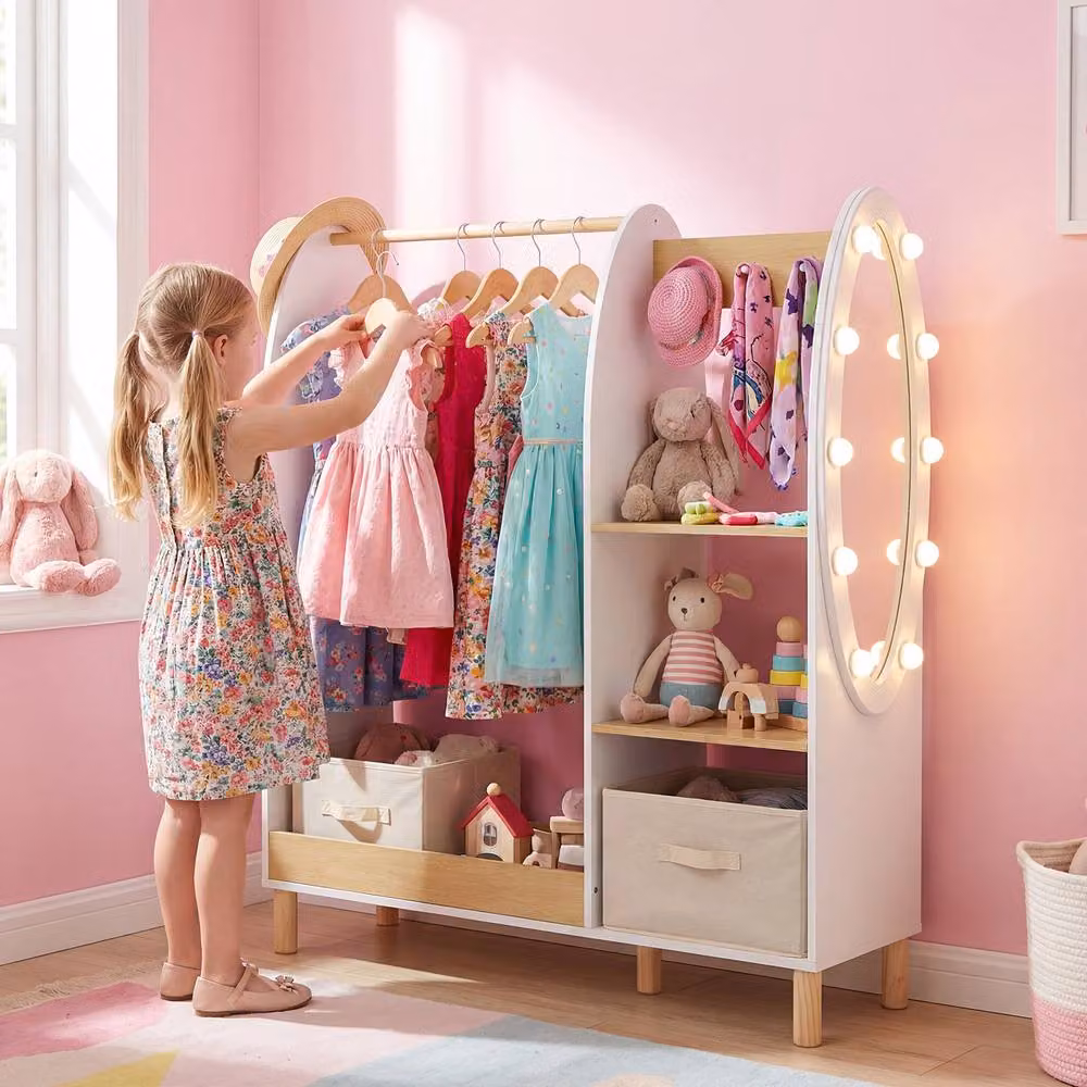 Gymax Open Hanging Wardrobe Playroom Costume Organiser with Mirror Lights in White – 3