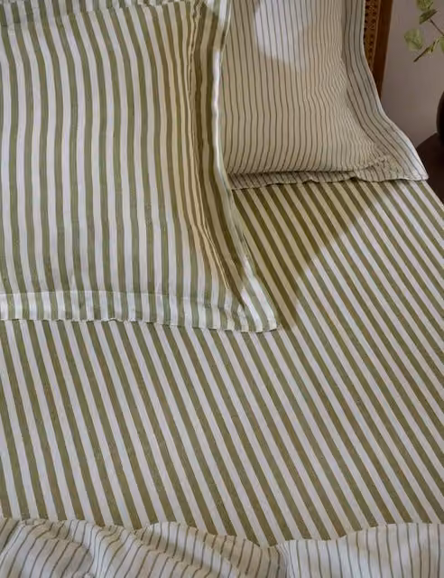 YARD Pure Cotton Striped Fitted Sheet, Green, W/D/H: 180 x 200 cm