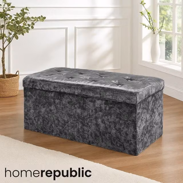 Home Republic Charcoal Crushed Velvet Foldable Storage Ottoman