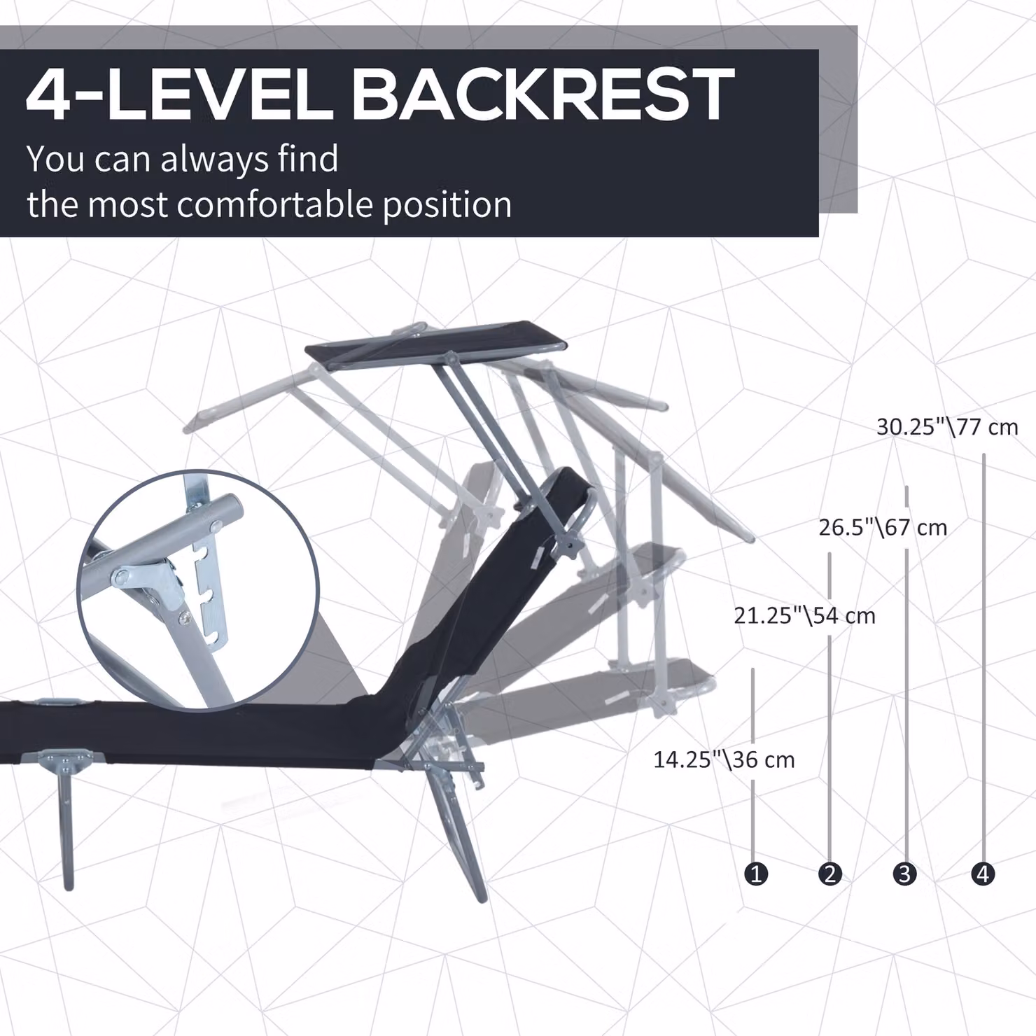 Outsunny Black Reclining Sun Lounger with Sun Canopy and Adjustable Headrest, W/D/H: 120 x 58 x 36 cm – 4