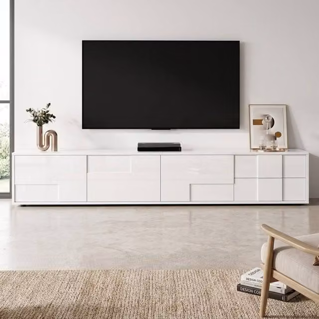 STILVORA Modern Glossy White TV Lowboard with 3 Doors, 2 Drawers and Integrated Lighting, W/D/H: 167 x 30 x 30 cm – 1