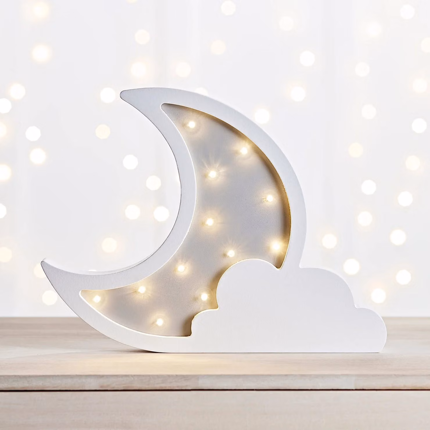 Lights4fun Wooden Moon and Cloud Battery Operated Table or Wall Night Light with Warm White LED and Timer, White, W/D/H: 30.0 x 23.0 x 2.5 cm – 1