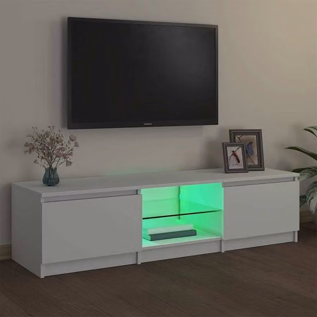 Berkfield Home Modern Glossy White TV Cabinet with LED Lights, W: 140 cm, D: 40 cm, H: 35.5 cm – 1