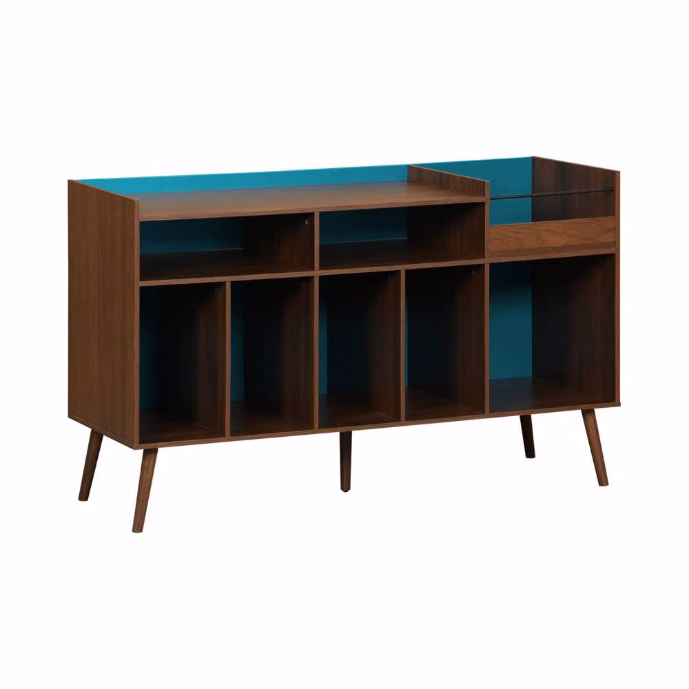 sweeek Vintage XL Retro Bicolour Vinyl Furniture with Wood Decor in Brown, Orange and Blue, W/D/H: 130 x 50 x 80 cm – 2