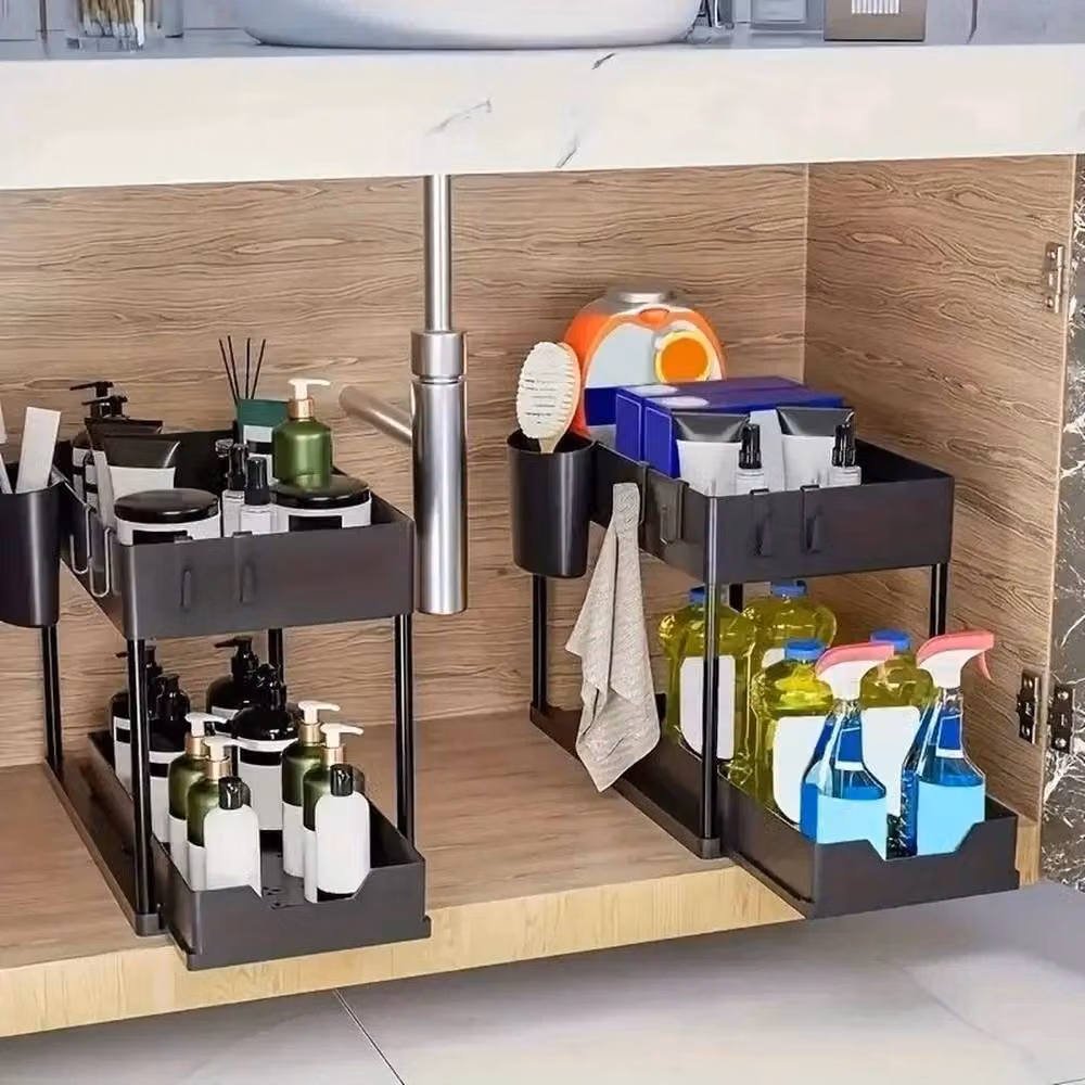 FORGEVIO 2 Tier Under Sink Organiser Sliding Storage Rack, Black, W/D/H: 36.0 x 39.5 x 0 cm – 4