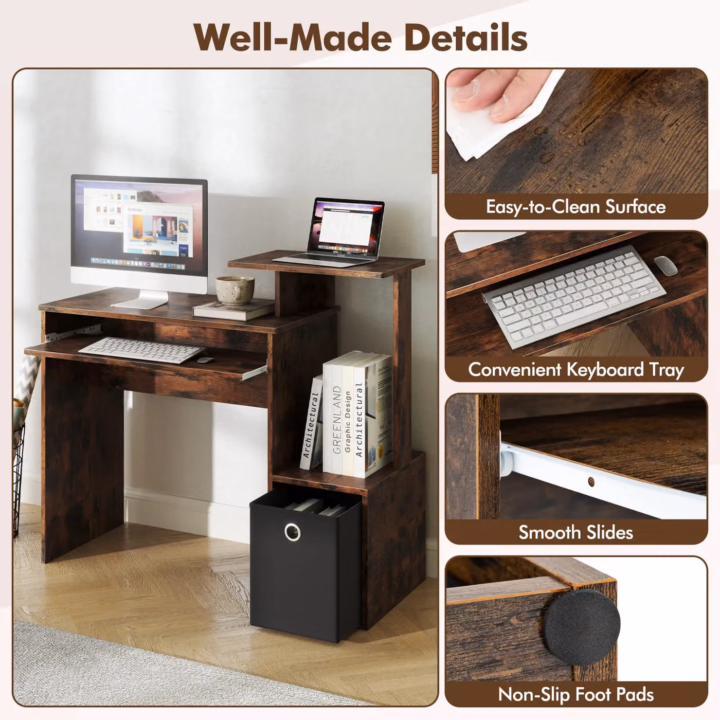 Costway Brown Computer Desk with Open Shelf and Fabric Storage Drawer – 4