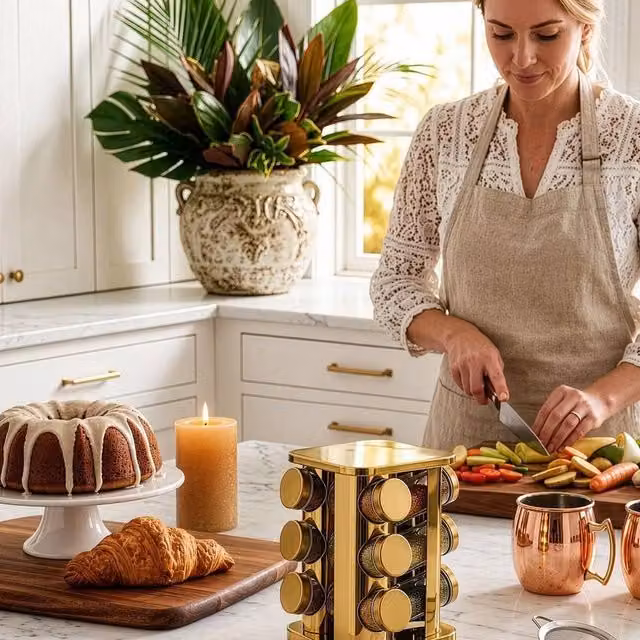 FORGEVIO Rotating Spice Rack in Gold with 12 Glass Jars