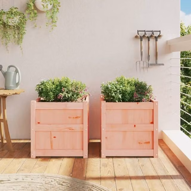 Berkfield Home Garden Solid Douglas Wood Planter Tubs, 2 Pack, Light Brown, W/D/H: 50 x 50 x 50 cm