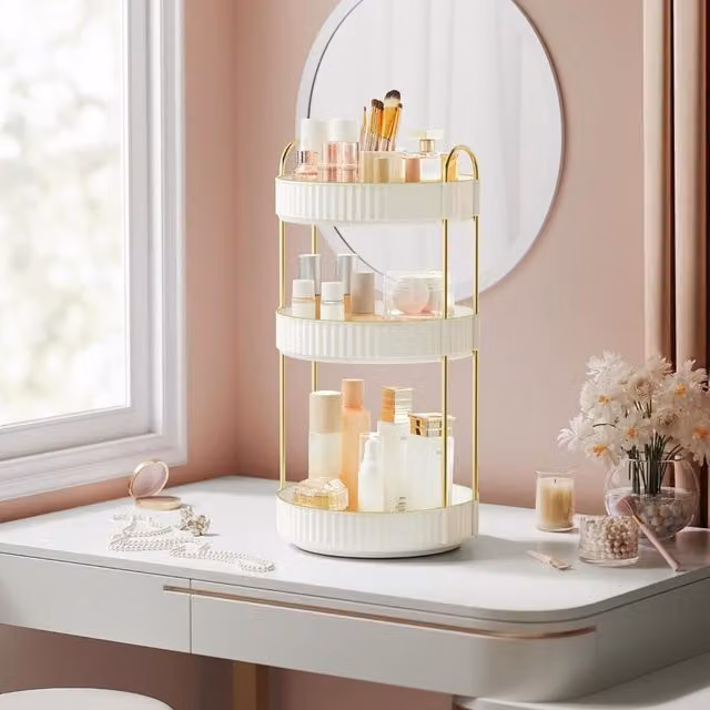 The Bazaarist Rotating 3 Tier Makeup Storage Organizer, Cloud White, W/D/H: 46.0 x 23.0 x 23.0 cm