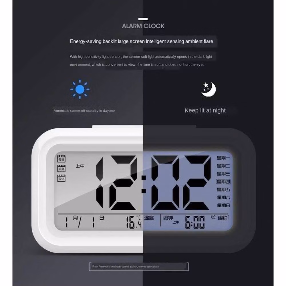 NESTLUNE Digital LED Alarm Snooze Clock with Night Light and Thermometer, White, W: 100 cm, H: 15 cm – 3