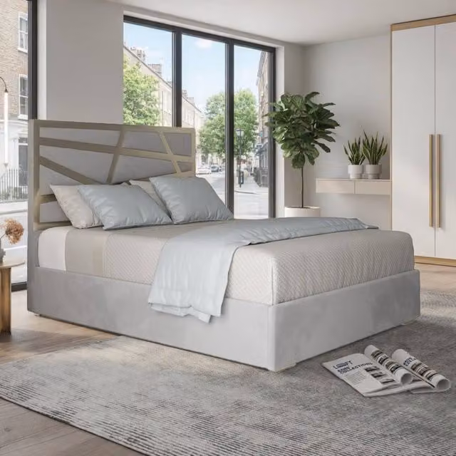 KDMD Frogham Super King Upholstered Soft Velvet Designer Bed Frame in Grey with Metal Details