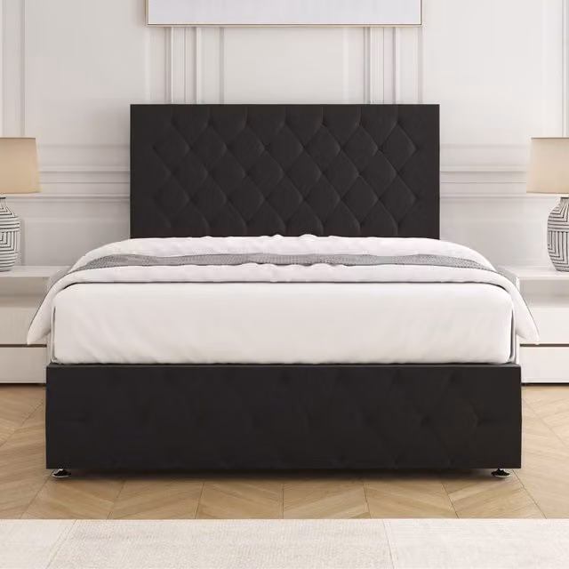 BSSPOKE Mulberry Divan Bed with 24 inch Plush Headboard and Footboard, Black Velvet Fabric, Super King, W/D/H: 200 x 200 cm – 1