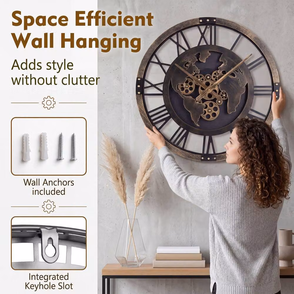 Gymax Vintage World Map Decorative Gear Wall Clock in Brown, Diameter: 68 cm – 5