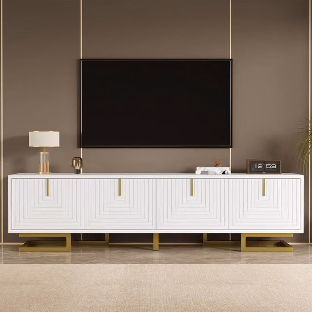 Rolipo Modern White TV Stand with Gold Metal Legs and Textured Glossy Doors, Width: 160 cm – 1