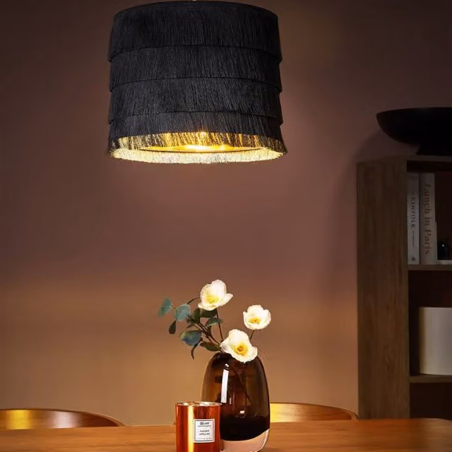 Wyld and Coco Black Fringe Pendant Lamp with Polyester Shade and Metal Frame – 1