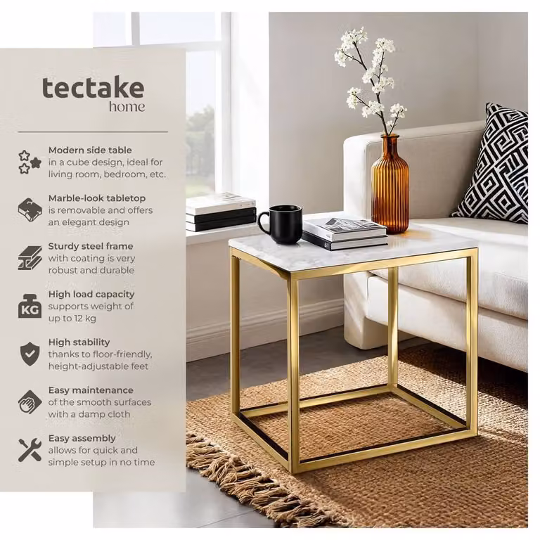 tectake Alysia Modern Square Side Table with Abstract Marble Stone Top in Black, White and Multicolour