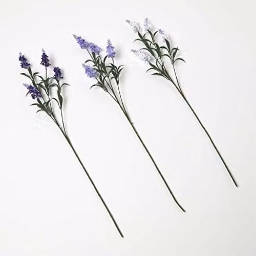 HOMESCAPES Set of 3 Purple, White and Green Silk Lavender Artificial Flower Stems, Height: 68 cm