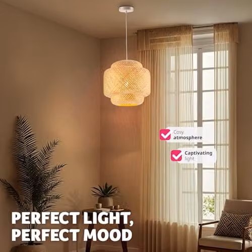 tectake Lignea Lux Boho Style Ceiling Light with Bamboo and Metal Lampshade in Brown, 40W, Height-Adjustable – 4