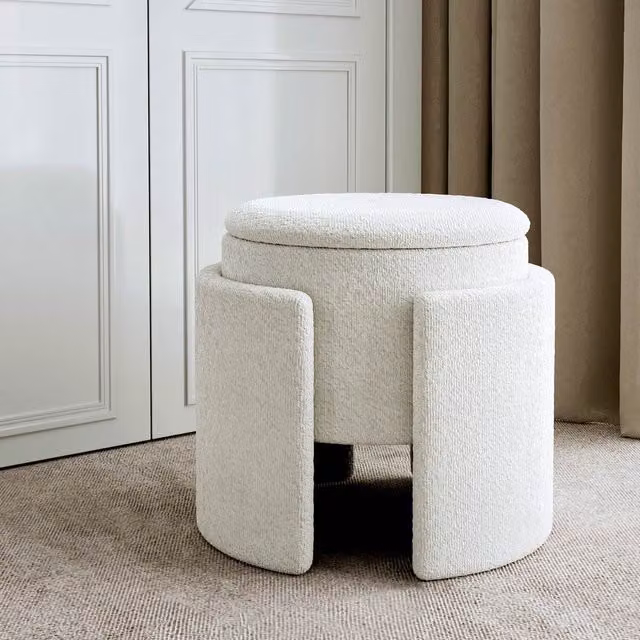Carme White Boucle Upholstered Cylindrical Storage Stool