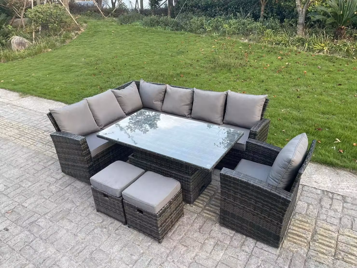 Fimous 9 Seater High Back Rattan Corner Sofa Set with Adjustable Rising Table in Dark Grey – 2