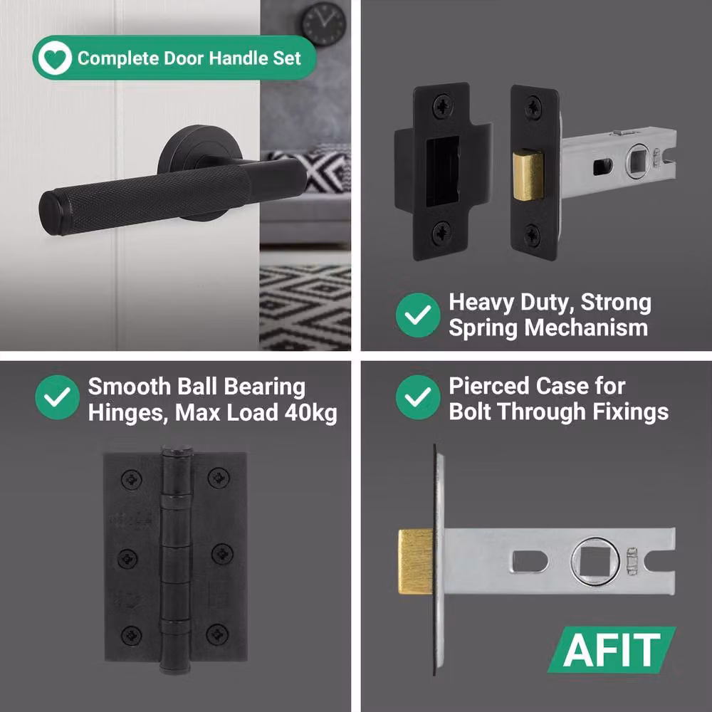 AFIT Matt Black Knurled Door Handles and Rose Latch Kit with Hinges, 5 Pairs – 7