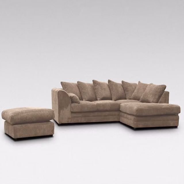 Furniture786Ltd Daly Jumbo Cord Corner Sofa with Matching Ottoman in Brown, Right-Hand Facing