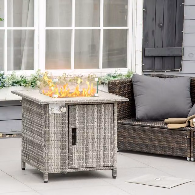Outsunny Modern Grey Rattan Gas Fire Pit Table