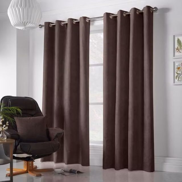 Luxury Living Velvet Chenille Eyelet Curtains, Brown, Width: 142 cm, Drop: 137 cm