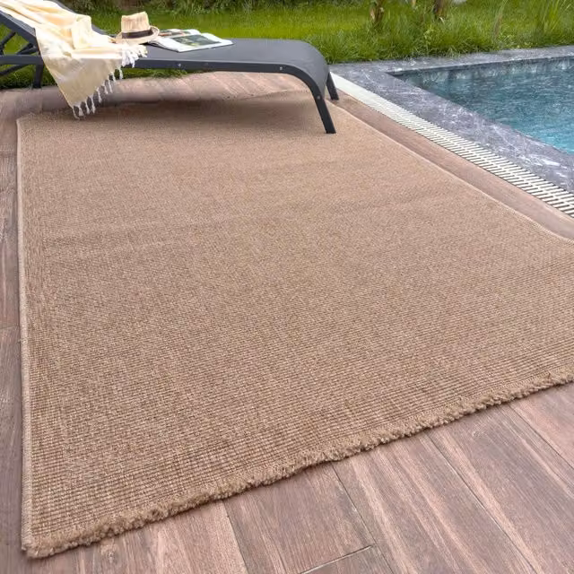 THE RUGS Jute-Look Square Dots Design Outdoor Garden Patio Rug in Natural Beige, W: 200 cm, D: 290 cm