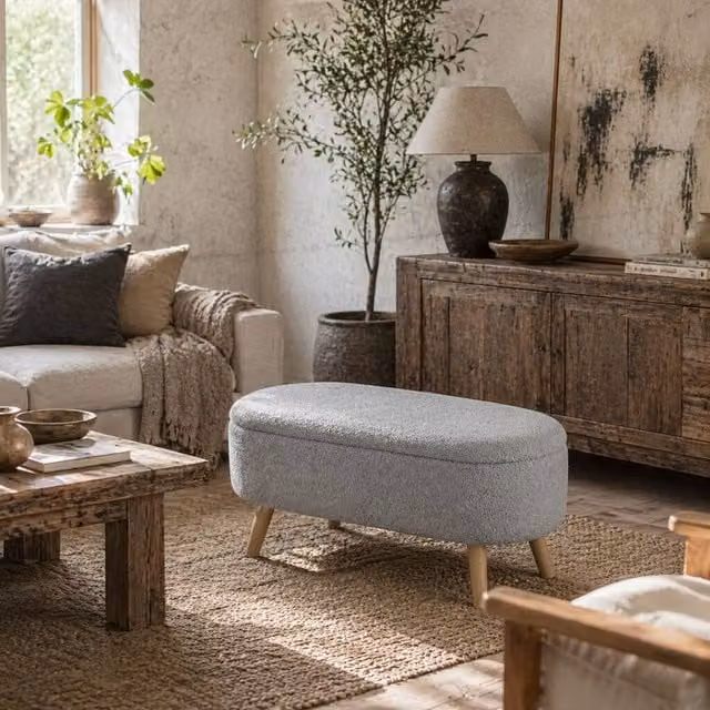 Wyld Haus Charcoal Bouclé Rectangular Storage Ottoman with Natural Pine Legs – 1