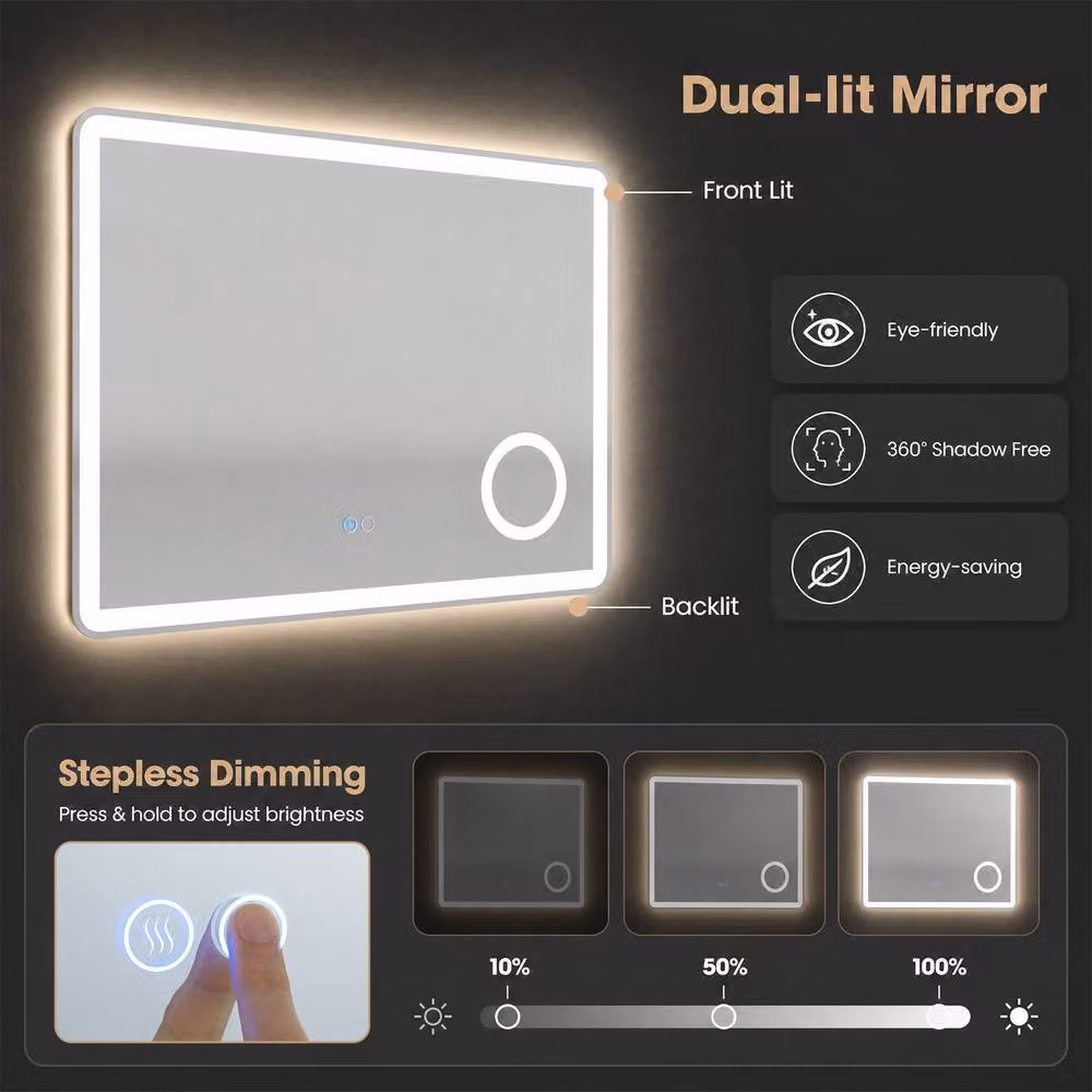 Costway Silver Rectangular Wall Mounted Bathroom Mirror with 3X Magnification and Dimmable LED Light – 7