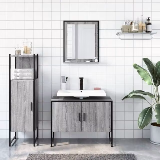 Berkfield Home 3 Piece Grey Bathroom Cabinet Set including Vanity Unit, Tall Cabinet and Mirror Cabinet – 1