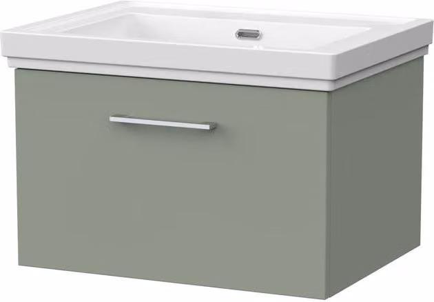 Balterley Pershall Modern Wall Mounted 1 Drawer Vanity Unit and 0TH Fireclay Basin in Reed Green, Width: 60 cm