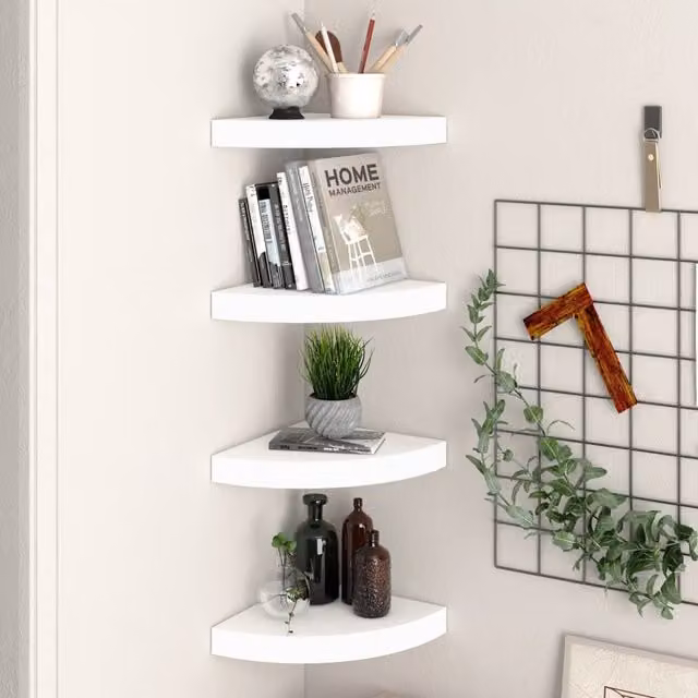 Berkfield Home White Floating Corner Shelves, 4 Piece MDF and Metal Set, W/D/H: 25 x 25 x 4 cm